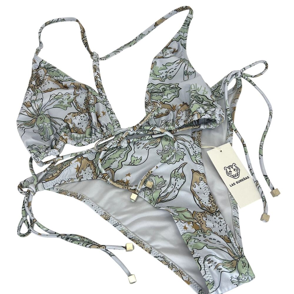 Las Surenas Bikini Azucena String Bikini Set T-Back Botanical Floral LARGE NEW